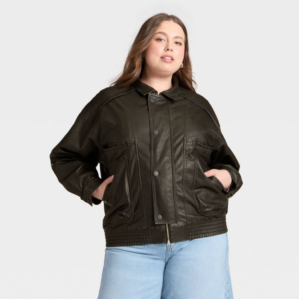 Women's Relaxed Faux Leather Bomber Jacket - Universal Thread Black XXL